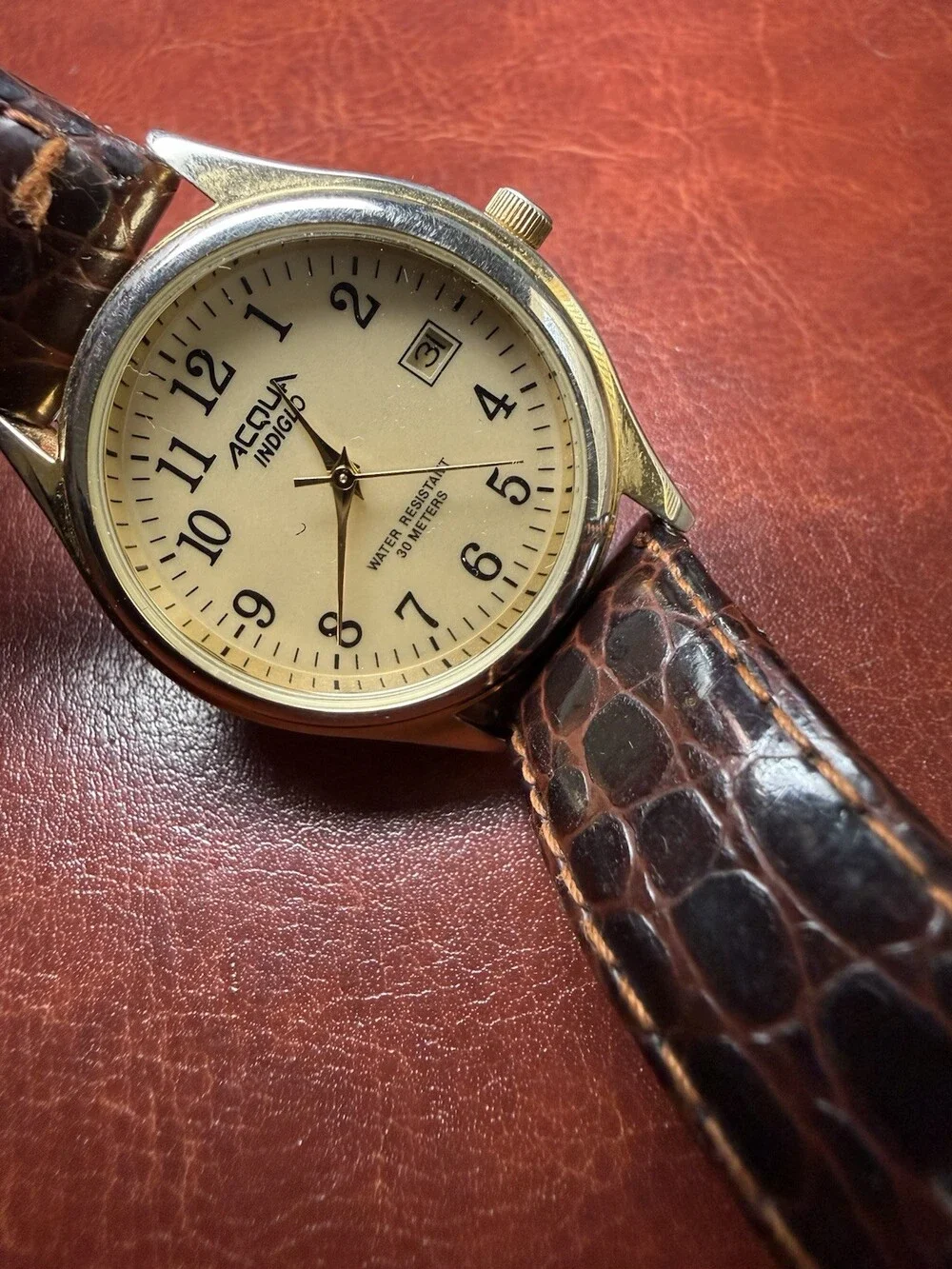 Accutime Indigo Gold Tone Quartz Watch Date 30M Brown Leather Band Needs Battery